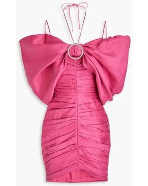 Rasario Off-the-shoulder Bow-detailed Ruched Linen-blend Mini Dress - Pink