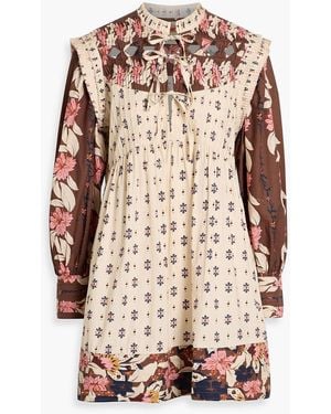 FARM Rio Pintucked Printed Cotton-Voile Mini Dress - White