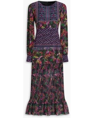 Saloni Vera Pleated Printed Silk Crepe De Chine Midi Dress - Purple