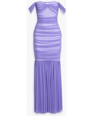 Norma Kamali Off-The-Shoulder Ruched Mesh Gown - Purple