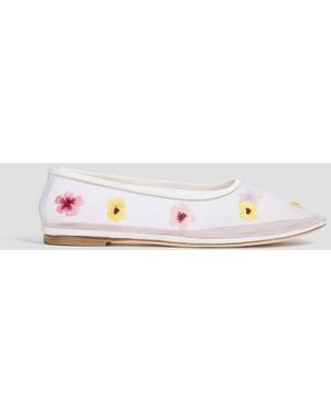 STAUD Alba Embroidered Mesh Ballet Flats - White