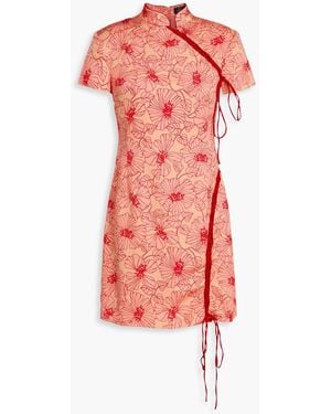De La Vali Trapeze Lace-Up Floral-Print Satin Mini Dress - Red