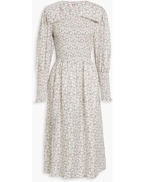 Shrimps Shirred Printed Silk-satin Midi Dress - White