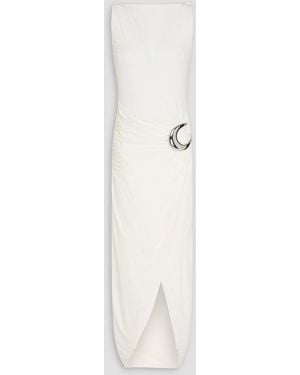 STAUD Talia Embellished Draped Jersey Midi Dress - White
