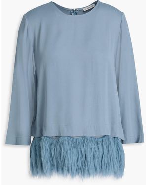 By Malene Birger Feather-Trimmed Satin-Crepe Top - Blue