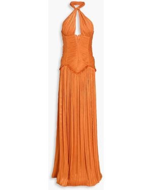 Costarellos Ruffled Plissé-georgette Halterneck Gown - Orange