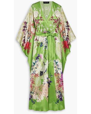 Meng Belted Floral-print Silk-satin Robe - Green