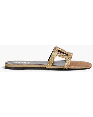 Versace Crystal-Embellished Cutout Leather Slides - Metallic
