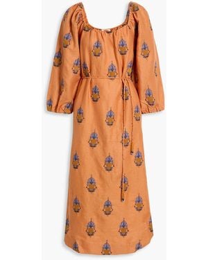 FARM Rio Embroidered Linen Midi Dress - Orange