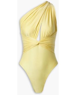 Fleur du Mal One-shoulder Ruched Satin Thong Bodysuit - Yellow