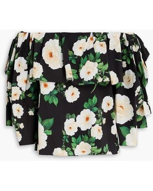 Carolina Herrera Off-The-Shoulder Floral-Print Cotton-Blend Poplin Top - Black
