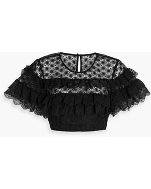 Saloni Honeycomb Cropped Ruffled Lace Top - Black
