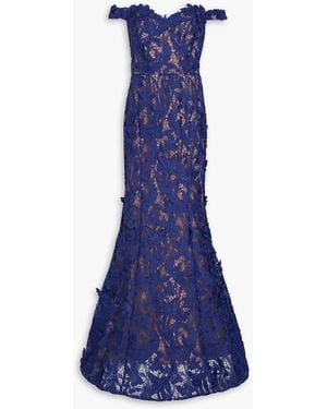 Marchesa Off-the-shoulder Guipure Lace Gown - Blue