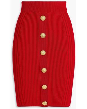 Balmain Embellished Ribbed-Knit Pencil Skirt - Red