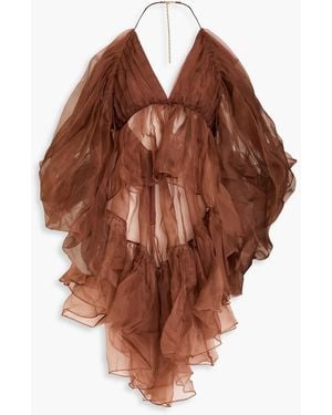 Zimmermann Cold-Shoulder Draped Silk-Organza Top - Brown