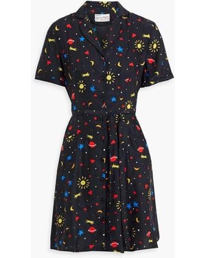 HVN Maria Printed Silk Mini Shirt Dress - Black