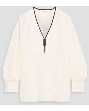 Brunello Cucinelli Bead-Embellished Silk-Crepon Blouse - Natural