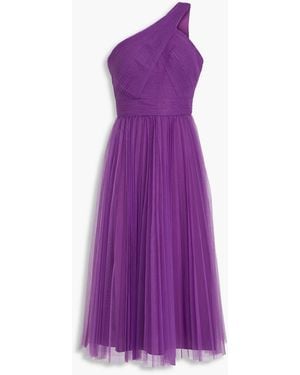 Zac Posen One-shoulder Pleated Tulle Midi Dress - Purple