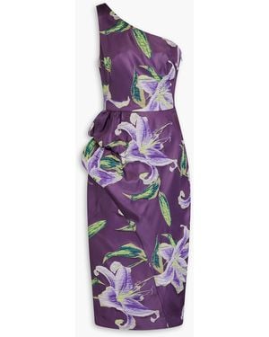 Marchesa One-shoulder Draped Floral-jacquard Midi Dress - Purple