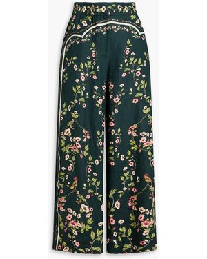 Agua Bendita Floral-print Linen Wide-leg Trousers - Green