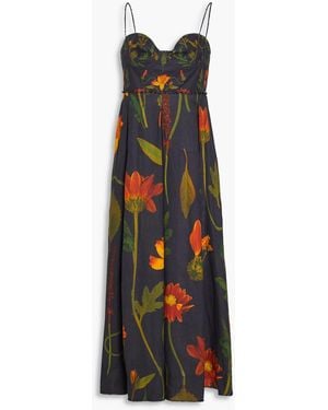 Agua Bendita Mambo Embellished Floral-print Linen Midi Dress - Blue