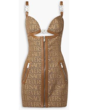 Versace Embellished Leather-trimmed Cutout Canvas-jacquard Mini Dress - Brown