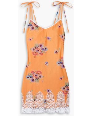 Miguelina Bambi Guipure Lace-trimmed Floral-print Cotton-voile Mini Dress - Orange