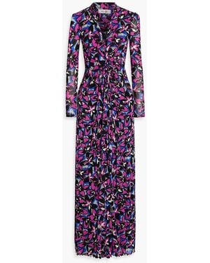 Diane von Furstenberg Kassia Ruched Printed Stretch-Mesh Maxi Dress - Purple