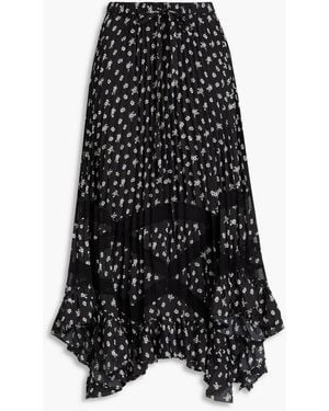 Claudie Pierlot Floral-print Crepe De Chine And Point D'esprit Midi Skirt - Black