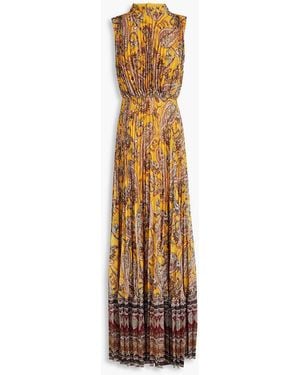 Mikael Aghal Cutout Pleated Printed Georgette Gown - Metallic