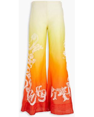 Zimmermann Embroidered Dégradé Linen And Silk-blend Flared Trousers - Orange
