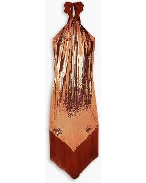 ‎Taller Marmo Nina Fringed Satin-trimmed Sequined Crepe Halterneck Maxi Dress - Orange