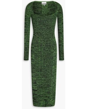 Ganni Marled Ribbed-knit Midi Dress - Green