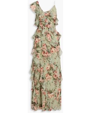 Mikael Aghal Ruffled Floral-print Georgette Maxi Dress - Metallic