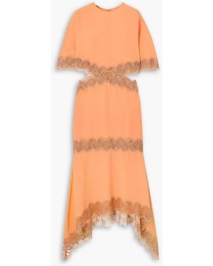Stella McCartney Asymmetric Cutout Lace-trimmed Silk-crepe Midi Dress - Orange