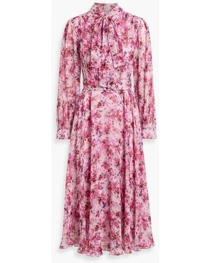 Mikael Aghal Pussy-Bow Metallic Floral-Print Crepon Midi Dress - Red