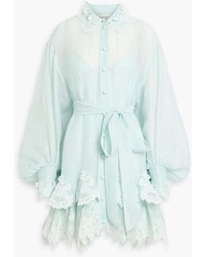 Zimmermann Lace-Trimmed Linen And Silk-Blend Gauze Mini Shirt Dress - Blue