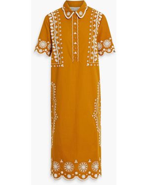 Saloni Dree Broderie Anglaise Cotton Midi Shirt Dress - Orange