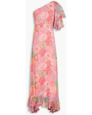 Saloni Danielle One-shoulder Ruffled Floral-print Silk-crepon Maxi Dress - Pink
