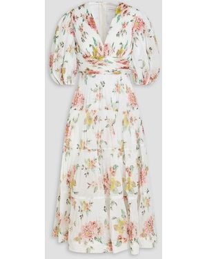 Zimmermann Tiered Floral-print Plissé-organza Midi Dress - White