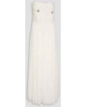 Costarellos Adamaris Strapless Crystal-embellished Silk-blend Crepon Gown - White