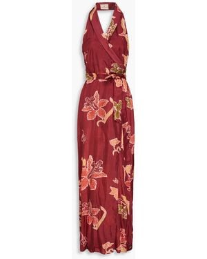 HANNAH Marcela Floral-print Silk Crepe De Chine Halterneck Maxi Dress - Red