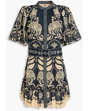 FARM Rio Belted Printed Cotton-Blend Mini Dress - Blue