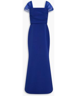 Badgley Mischka Tulle-trimmed Draped Crepe Gown - Blue