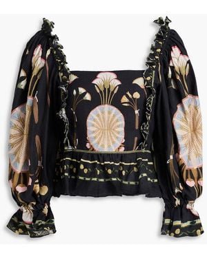 Lug Von Siga Daphne Ruffled Printed Linen Top - Black