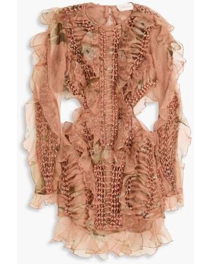 Zimmermann Ruffled Tie-Dyed Silk-Georgette Mini Dress - Brown