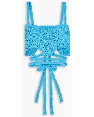 Alanui Blooming Flowers Cropped Lace-up Crocheted Cotton Top - Blue