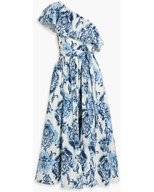 Mikael Aghal One-Shoulder Printed Cotton-Poplin Midi Dress - Blue