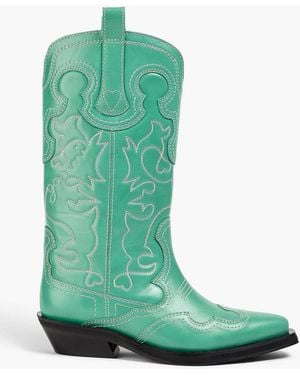 Ganni Embroidered Leather Cowboy Boots - Green