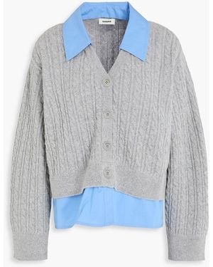 Sandro Layered Poplin And Cable-knit Wool-blend Cardigan - Blue